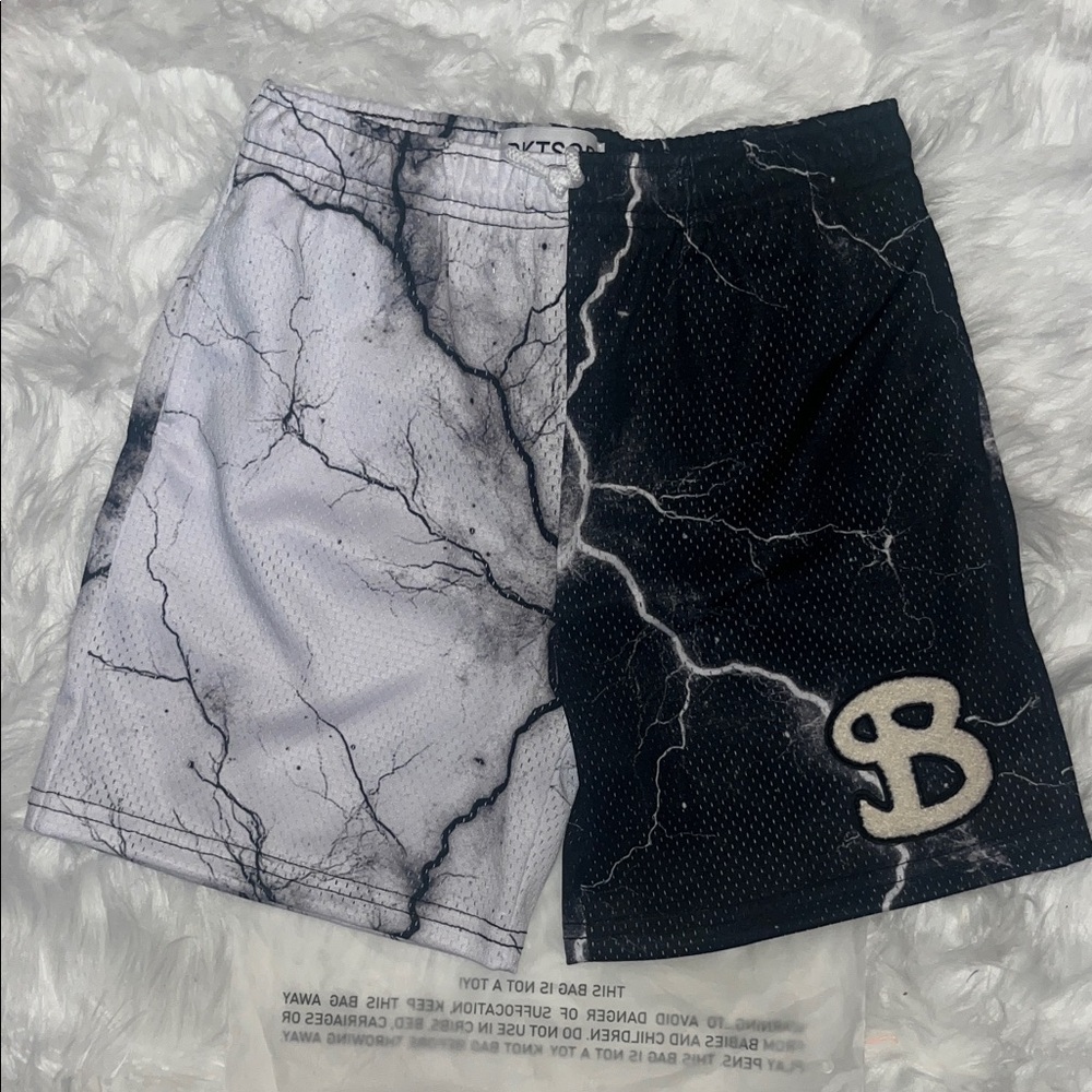 BKTSQD SPLIT VOLTAGE YOUTH SHORT Blk & White Marble-Print Kids' Athletic Shorts